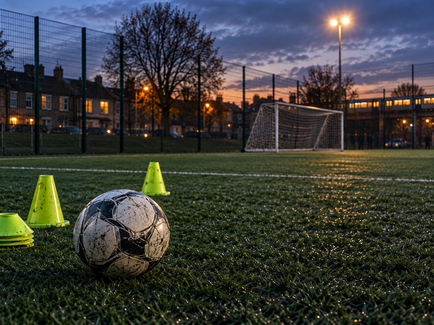 A football and training cones on a floodlit community pitch at dusk